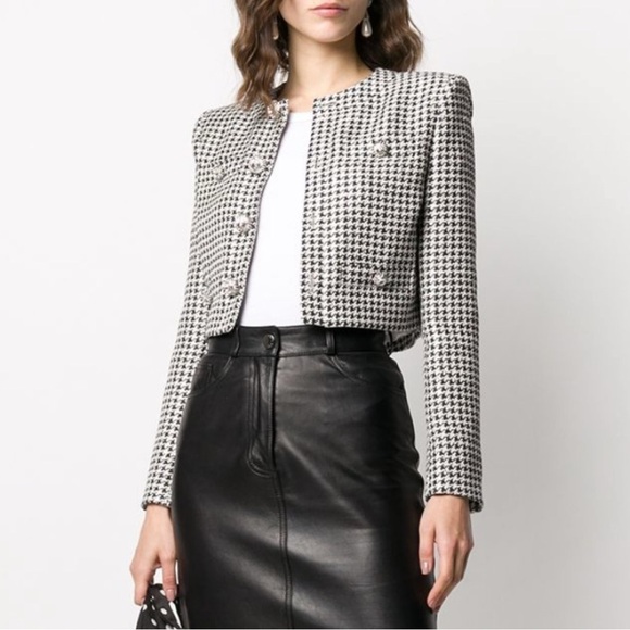 Alessandra Rich Cropped Embellished Sequin Houndstooth Jacket Black & White - Picture 3 of 17
